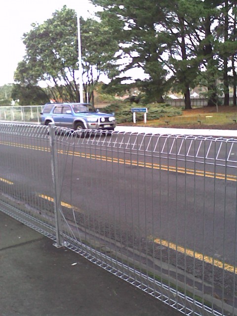 Shared pathway road barrier #3: The new barrier showing impact from vehicle already. The posts for the barrier are around 350 mm in from the kerb edge. The vehicle that did this would have given anyone on the shared path a great fright.